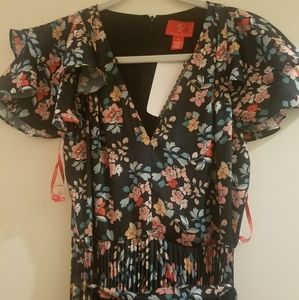 ML Monique Lhullier Pleated Floral Dress